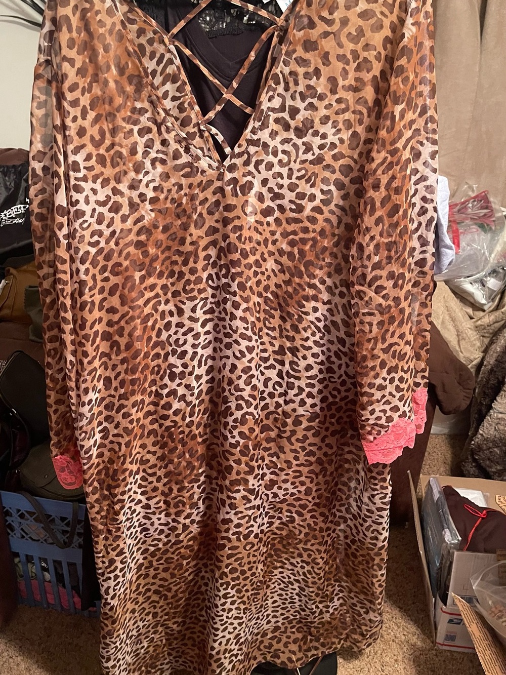 Leopard Print Long Sleeve Kimono with Pink Lace Trim-NWOT